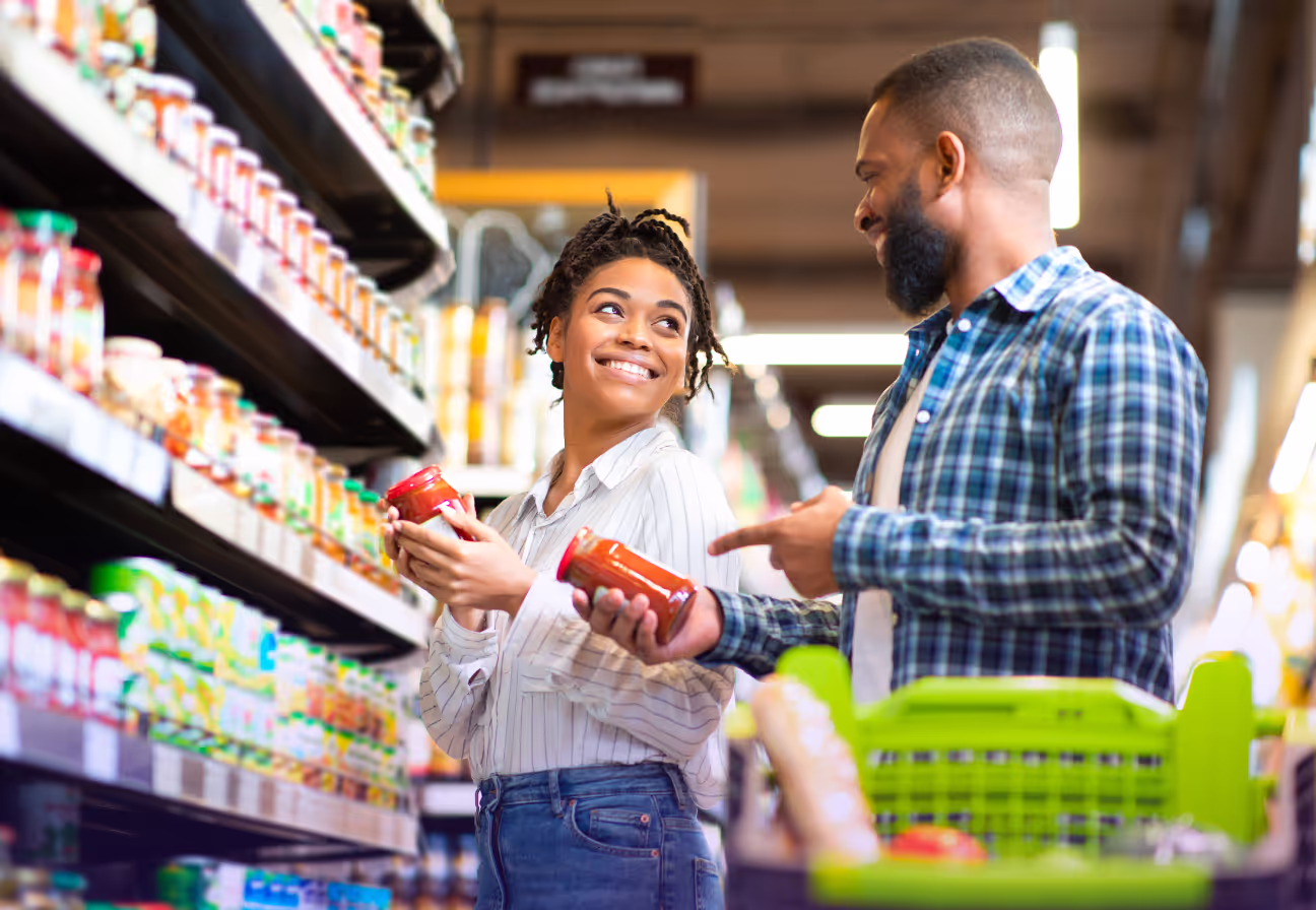 two happy customers at the supermarket