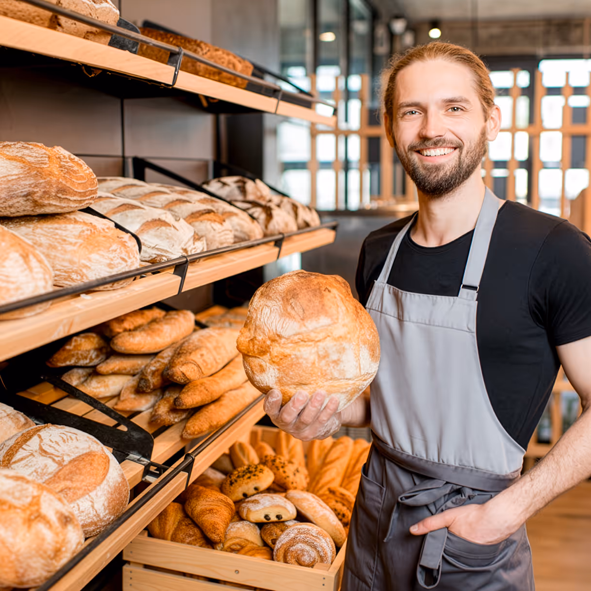 a baker holding a loaf of bread