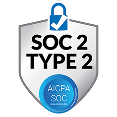 SOC 2 Type 2 certification badge with a blue lock and AICPA SOC logo.