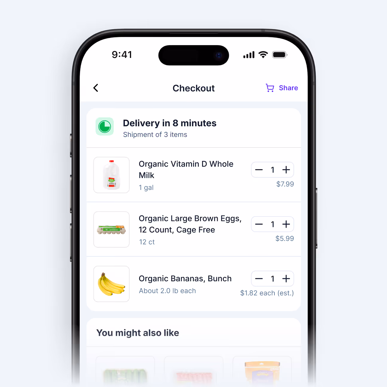 Smartphone screen showing grocery checkout with delivery in 8 minutes, listing organic milk, eggs, and bananas with quantities and prices.