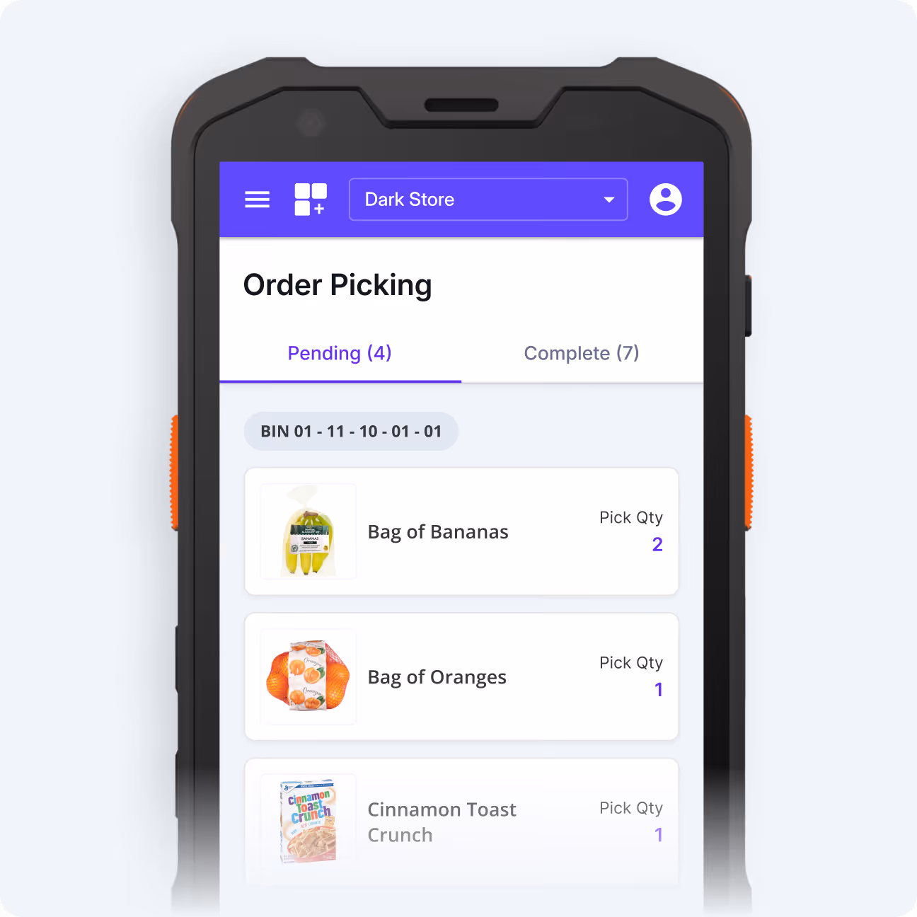 Smartphone screen displaying an order picking app for 'Dark Store' with items: Bag of Bananas (qty 2), Bag of Oranges (qty 1), and Cinnamon Toast Crunch (qty 1).